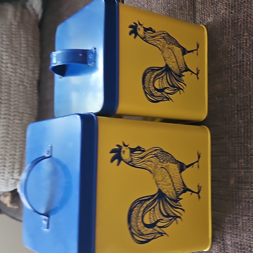 Now Designs Metal Pair Of Yellow And Blue Rooster Canisters